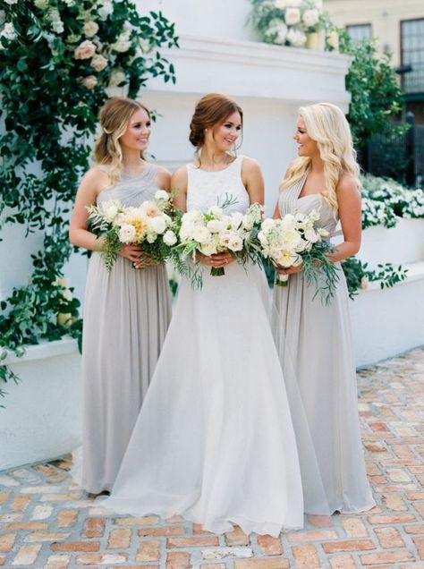 Elegant gray bridesmaid gowns: http://www.stylemepretty.com/2016/03/15/neutral-elegant-outdoor-wedding-inspiration/ | Photography: Greer Gattuso - http://www.greergphotography.com/ Dark Grey Bridesmaid Dresses, 2 Bridesmaids, Bridesmaid Dresses Long Chiffon, Grey Bridesmaids, Chiffon Party Dress, Outdoor Wedding Inspiration, Mismatched Bridesmaids, Boda Mexicana, Mismatched Bridesmaid Dresses