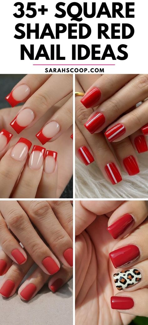 Dare to be bold and dramatic with these 35+ square-shaped red nail ideas. From classic glossy finishes to modern matte touches, get ready to make a statement with your fingertips. #rednails #squareshapednails #nailinspo Short Acrylic Nails Black And Red, Red Acrylic Square Nails, Short Red Nails With Design, Red Holiday Nails Square, Short Red Gel Nails Ideas, Red And White Square Nails, Red Dip Nail Ideas, Red Nail Ideas Square, Red Nail Inspo Square