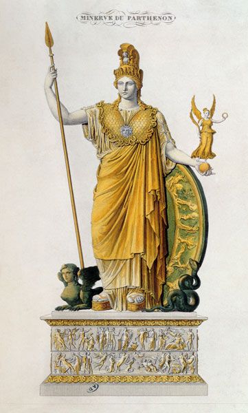 Athena Parthenos, statue from the Parthe - French School as art print or hand painted oil. Athena Parthenos, Parthenon Athens, The Parthenon, Athena Goddess, French School, Mythology Art, Greek Art, Mesopotamia, Greek Gods