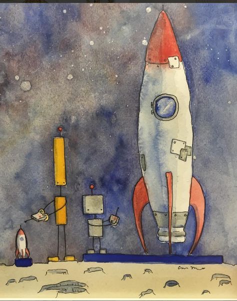 Water Color of two robots playing with some Rocket Ships in Space Painted Rocket Ship, Spaceship Watercolor, Rocket Watercolor, Rocket Ship Painting, Rocket Ship Drawing, Rocket Painting, Astronaut Watercolor, Rocket Drawing, Spaceship Drawing