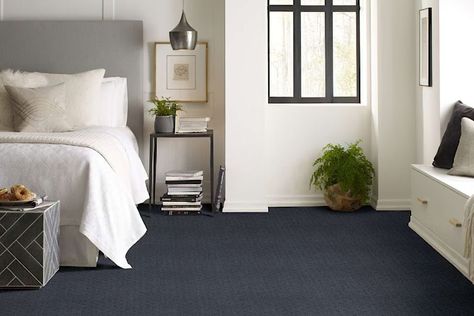 Using Touches of Blue in Design | Carpet One Floor & Home Dark Blue Carpet, Navy Carpet, Blue Carpet Bedroom, Dark Carpet, Blue Ceilings, Carpet Bedroom, Blue Furniture, Blue Cabinets, Bedroom Color