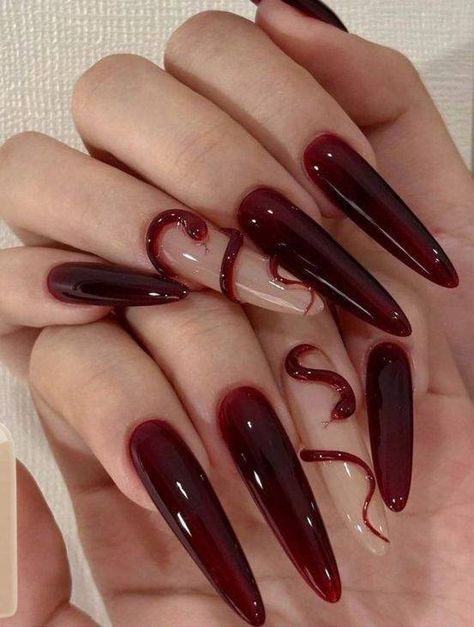 Emo Nails Long, Vampire Nails Aesthetic, Vampire Nails Designs, Fall Nail Art Ideas, Blood Nails, Vampire Nails, Milky Nails, Fall Nail Art Designs, Gothic Nails