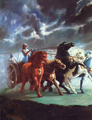 Symbol of the soul riding in the chariot of the body- intelligence is the driver, mind the reins, the five senses are the horses. Calming Pictures, Vedic Art, Hindu Mythology, Krishna Radha, Lord Krishna Images, Bhagavad Gita, Hare Krishna, Krishna Images, Krishna Art