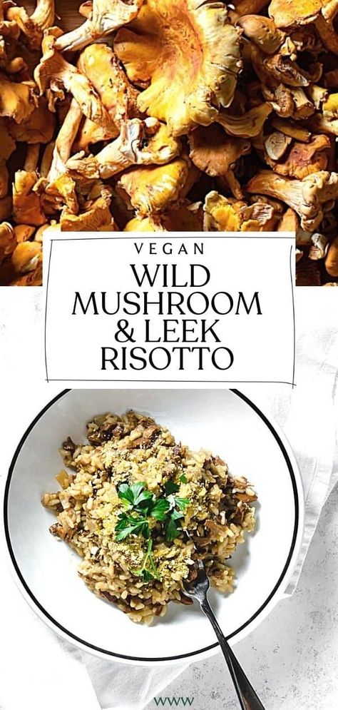 This vegan wild mushroom and leek risotto is the perfect dish to make when you are craving something cozy, creamy, and comforting. This recipe is made with chanterelle mushrooms but you can use whichever wild mushrooms you have available! #vegan #mushroomrisotto #chanterelle Vegan Leek Risotto, Leek Risotto, Chanterelle Mushrooms, Vegan Pasta Dish, Class Inspiration, Winter Meals, Fall Vegan Recipes, Vegan Dinner Recipes Easy, Vegan Holiday Recipes