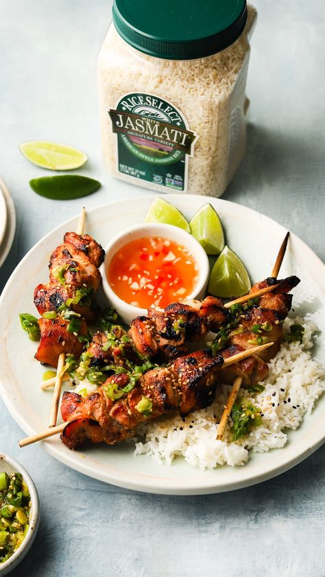 RiceSelect® | Vietnamese Inspired Lemongrass Chicken Skewers |… Vietnamese Sauce, Lemon Grass Chicken, Lemongrass Chicken, Low Sodium Soy Sauce, Chicken Skewers, Chicken Marinades, Asian Dishes, White Rice, Bbq Chicken