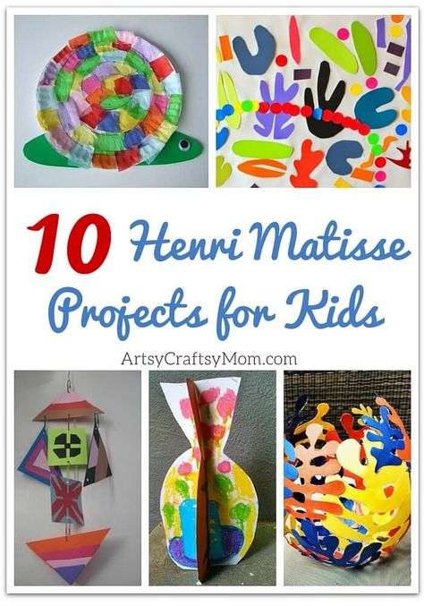 The artist Henri Matisse worked on paintings, sculptures and collages. These 10 Matisse projects for kids will inspire them to create their own masterpieces! Art And Craft Projects, Grant Wood, Frida Art, Artist Project, Art Projects For Kids, Art Curriculum, Elementary Art Projects, Homeschool Art, Artists For Kids