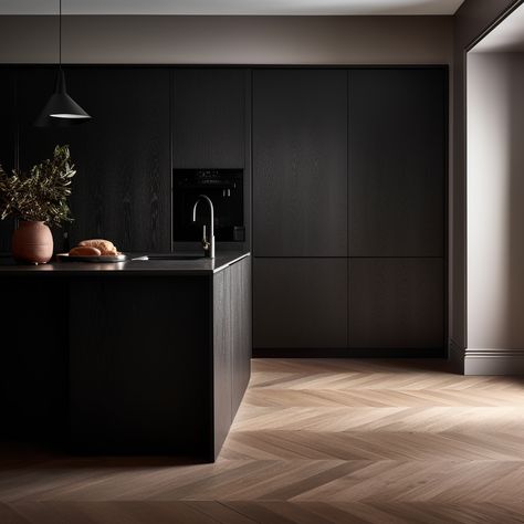 With proper care and maintenance, wood floors in kitchens can remain beautiful and functional for decades, Black Kitchen Herringbone Floor, Black Kitchen Wood Floor, Dark Herringbone Wood Floor, Dark Parquet Flooring, Kitchen Herringbone Floor, Anthracite Kitchen, Chevron Flooring, Dark Wooden Floor, Herringbone Flooring