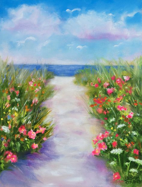 Painting Of Beach, Ocean Art Painting, Plein Air Watercolor, Beach Path, Hydrangea Painting, Beach Art Painting, Watercolor Beginner, Beach Watercolor, Landscape Art Painting