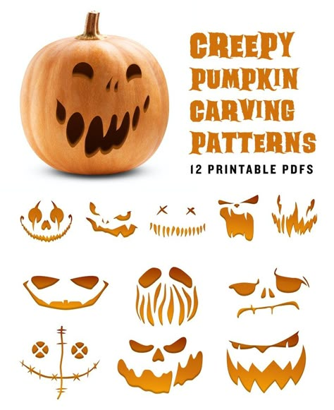 Take the fuss out of pumpkin carving with these easy and creepy printable pumpkin carving pattern stencils. There are 12 scary face jack-o-lantern patterns to choose from. Including, Cthulhu, Samhain, and a Creepy Clown pattern. Creepy Halloween Pumpkin Carving, Scary Jackolantern Ideas, Advanced Pumpkin Carving Ideas, Jack O Lanterns Ideas, Creepy Jack O Lantern Faces, Easy Scary Pumpkin Carving, It Pumpkin Carving Ideas, Easy Jack O Lantern, Boo Pumpkin Carving