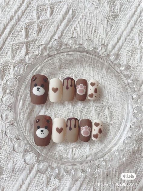 Valentines Nails Korean, Bear Nail Ideas, Bear Nail Art Designs, Nail Art Cute Kawaii, Nail Art Bear, Bear Nails Designs, Band Nail Art, Cute Bear Nails, Teddy Bear Nail Art