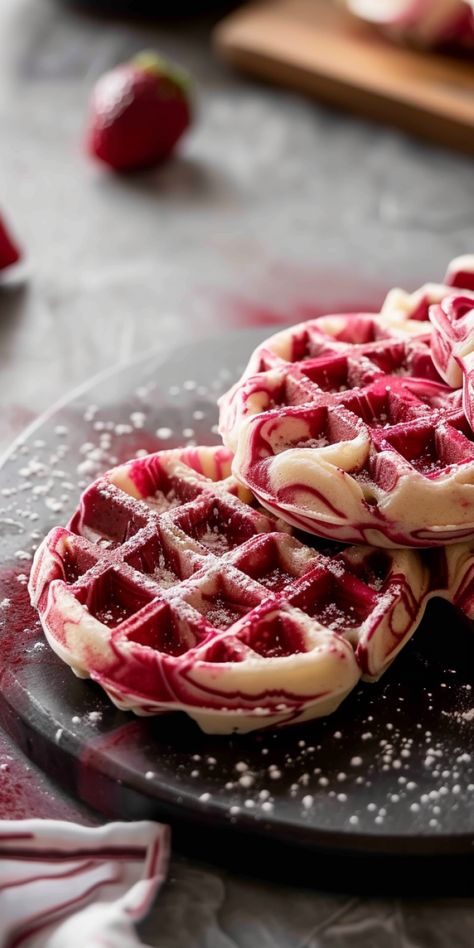 Red Velvet Marble Waffles [20 Minutes] - Chasety Cinnamon Toast, Waffle Recipes, Breakfast Brunch Recipes, Breakfast Dishes, Cafe Food, Yummy Breakfast, Brunch Recipes, Sweet Recipes, Cooking And Baking