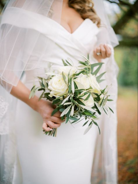 Simple Bridal Bouquetwhite rose with olive leaves and eucalyptus Irish Bouquet Wedding, White Rose And Eucalyptus Bouquet Simple, Italian Ruscus Bridesmaid Bouquet, Wedding Decoration With Olive Leaves, Bridal Bouquet Olive Leaves, Olive Branch Bridal Bouquet, Olive Leaf Bouquet Wedding, Olive And White Roses Wedding, Olive Branch Bouquet Wedding