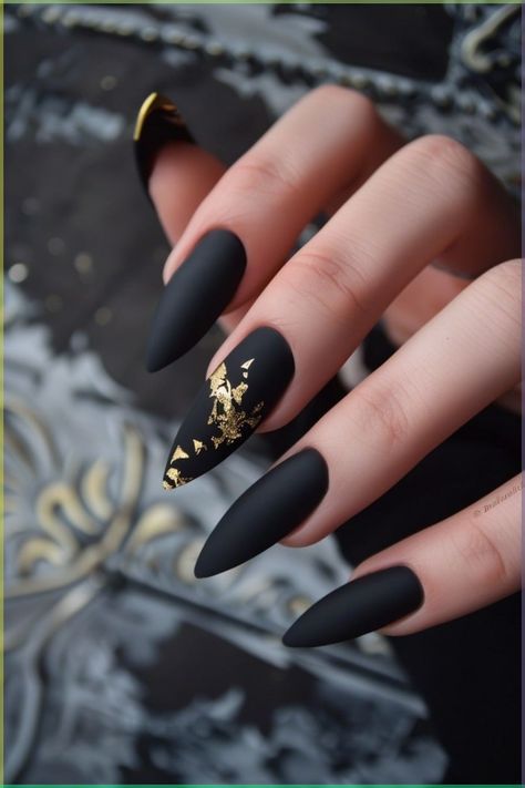 Matte Black With Gold Nails, Night Inspired Nails, Matte Stiletto Nails, Wave Nails, Nail Piercing, Matte Nail Art, Matte Black Nails, Matte Nail, October Nails