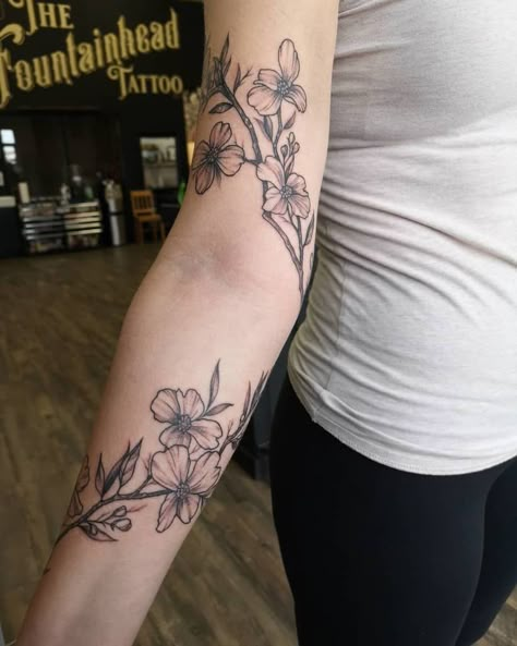 Black Dogwood Flower Tattoo tattoonari Dogwood Flower Tattoo, Dogwood Tattoo, Dogwood Flower Tattoos, Hydrangea Tattoo, Wood Tattoo, Wrap Around Tattoo, Tattoo For Boyfriend, Flower Tattoo Ideas, Wrap Tattoo