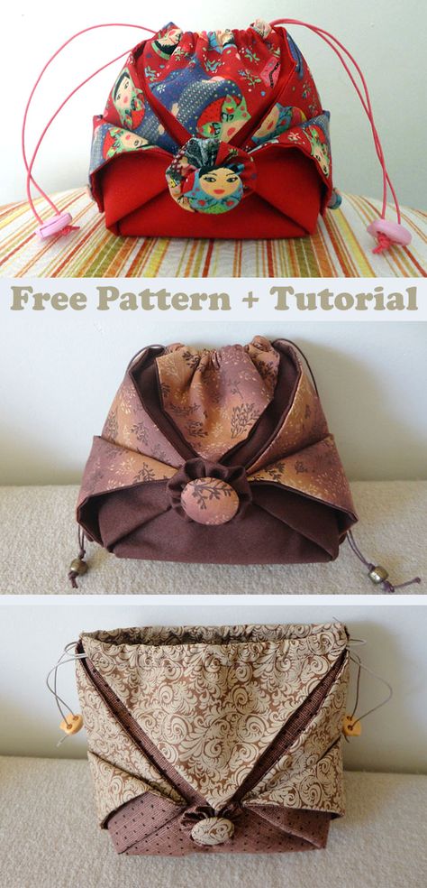 Japanese Drawstring Bag Pattern, Origami Pouch Tutorial, Origami Fabric Bags, Origami Sewing Pattern, Japanese Origami Bag, Japanese Drawstring Bag, Kimono Fabric Crafts, Komebukuro Tutorial Free Pattern, Quilted Purses And Bags Free Pattern