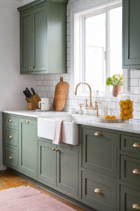 Green kitchen cabinets paired with white tiles and brass hardware bring a refreshing feel to the space. Best Kitchen Cabinet Colors, Kitchen Cabinets Colors, Green Kitchen Backsplash, Green Kitchen Cabinet, Kitchen Cabinets And Backsplash, Yellow Kitchen Cabinets, Cabinet Color Ideas, Beige Kitchen Cabinets, Kitchen Cabinet Color