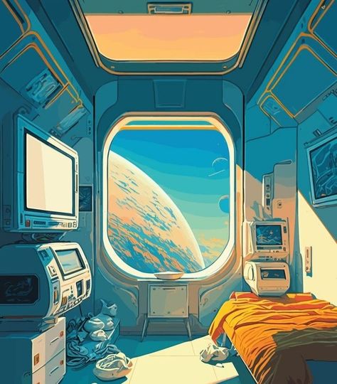 International Space Station Interior, Space Lofi Art, Space Sci Fi Art, Spaceship Window View, Anime Space Station, Space Pod Concept Art, Sci Fi Artwork, Space Station Concept Art Interior, Sci Fi Window