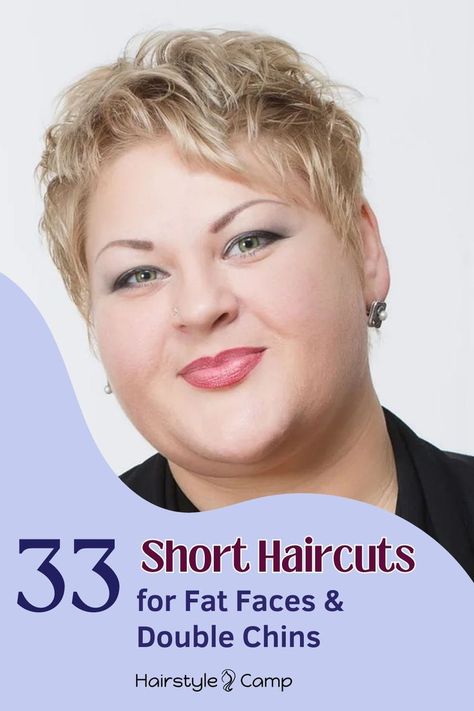 Short Hairstyles for Fat Faces & Double Chins How To Pose For Selfies Faces Short Hair, Short Hairstyle Women With Double Chin, Short Hairstyle For Fat Face Girl, Short Hairstyles For Double Chin Face, Hairstyles For Fat Face Girl, Hair Styles For Double Chin, Hairstyles For Double Chin Faces Over 50, Short Hairstyles For Heavy Women, Hairstyles For Short Necks