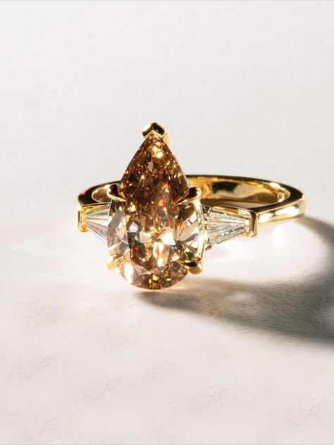 Pear Shaped Champagne Engagement Rings, Pear Champagne Diamond Ring, Detailed Band Engagement Ring, Yellow Pear Diamond Ring, Champagne Pear Engagement Ring, Unique Band Engagement Ring, Unique Pear Shaped Engagement Rings, Cognac Diamond Ring, Brown Diamond Ring Engagement