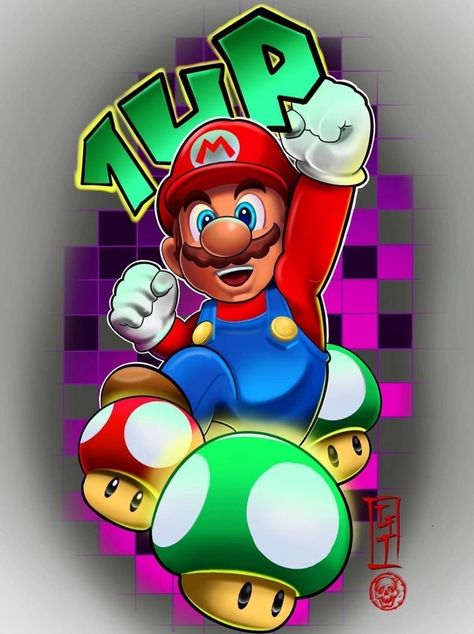 Super Mario Bros Tattoo Ideas, Mario 1 Up, Super Mario Tattoo Ideas, Mario Art Drawing, Mario Bros Drawing, Super Mario Drawing, Super Mario Tattoo, Mario Drawing, Nintendo Tattoo