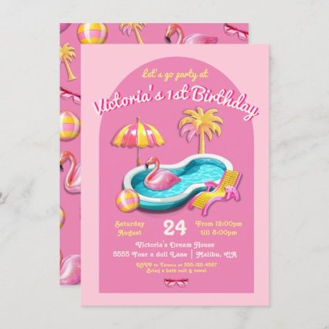 $2.8 | Malibu Beach Doll Retro Birthday Pool Party - birthday, doll, pink, malibu, toy, doll birthday party, girly, retro, pool party, doll pool party Barbie Pool Party Invitations, Malibu Barbie Pool Party, Barbie Invitation, Barbie Pool, Barbie Pool Party, Barbie Invitations, Flamingo Invitation, Birthday Pool Party, Barbie Party Decorations