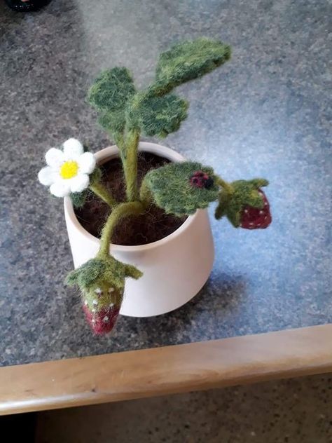 Needle felted strawberry plant by Mel Price Strawberry Needle Felting, Needle Felt Plants, Needle Felting Plants, Needle Felted Strawberry, Memorial Beads, Cherry Flower, Mini Terrarium, Trendy Sewing Projects, Needle Felting Diy