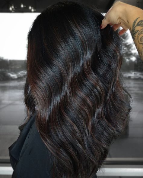 Dark Brown Balayage On Black Hair Straight, Black With Brunette Highlights, Lower Highlights Hair Dark Brown, Dark Brunette With Dark Highlights, Dark Hair Chocolate Highlights, Subtle Black Balayage, Black Brown Hair Balayage, Black Hair With Chocolate Balayage, Black Hair Bayalage