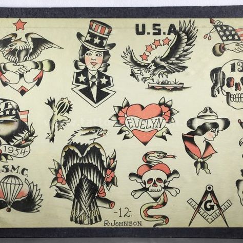 R Johnson – Tattoo Collection 8 Tattoo, Tattoo Collection, Vintage Flash, Home Tattoo, American Traditional Tattoo, School Tattoo, Vintage Tattoo, Tattoo Flash, American Traditional