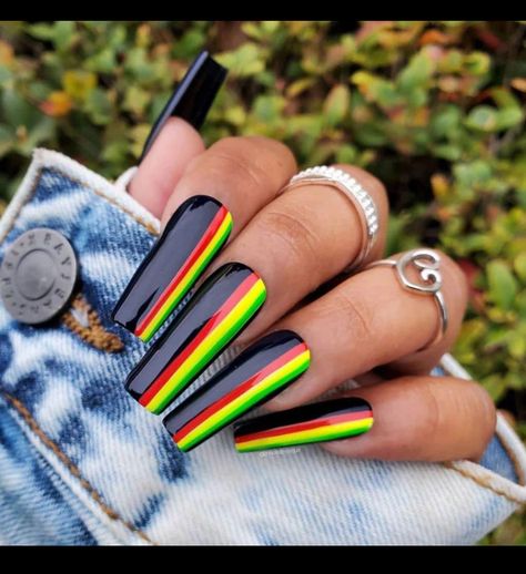 Red Yellow Green Nails, Black Pride Nails, Bhm Nails, Reggae Nails, Juneteenth Nail Design, African Nail Art, Juneteenth Nails, Jamaica Nails, Rasta Nails