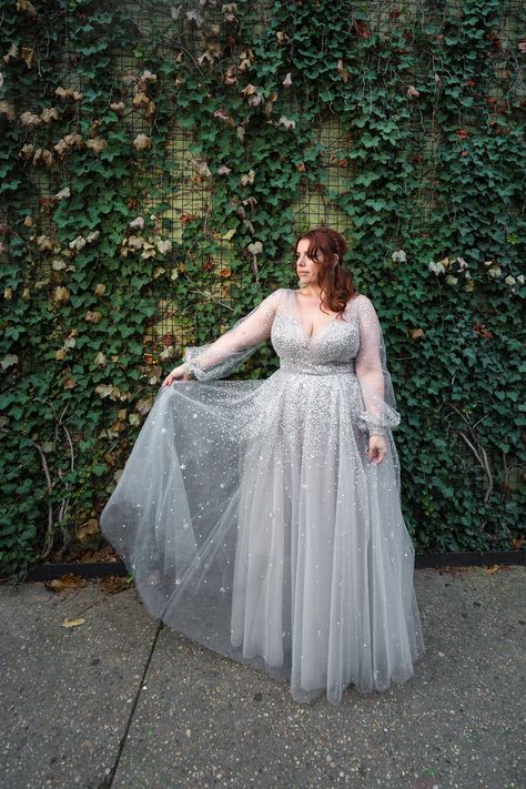 Plus Size Celestial Dress, Plus Size Celestial Wedding Dress, Plus Size Wedding Dresses Color, Non Traditional Wedding Dress Plus Size Color, Celestial Wedding Dress Plus Size, Las Vegas Wedding Dress Plus Size, Plus Size Alternative Wedding Dress, Plus Size Non Traditional Wedding Dress, Grey Wedding Dress Silver