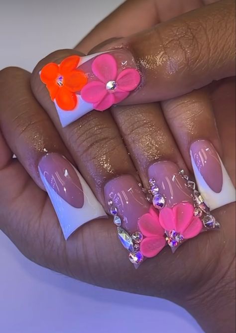 Dark Pink Nails, 3d Flower Nails, Retro Nails, Acrylic Toe Nails, Duck Nails, Colored Acrylic Nails, Girly Acrylic Nails, Dope Nail Designs, Short Square Acrylic Nails