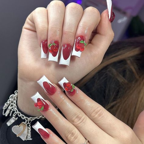 Cherry French Tip Nails, Instagram Backgrounds, 22nd Bday, White French Tips, Pink Tip Nails, Quinceanera Nails, 18th Bday, Black Acrylic Nails, Long Acrylic Nail Designs