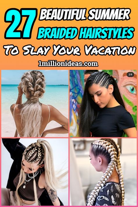 27 Beautiful Summer Braided Hairstyles To Slay Your Vacation Braid Vacation Hair, Cute Braids For Vacation, Hairstyles For Cinco De Mayo, Braids Ideas For White Women, Island Braids White Girl, Braided Hairstyles For The Beach, Braided Ponytail Hairstyles White Women, Carribean Hairstyles Braids, White Women Braids Hairstyles