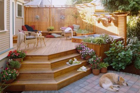 Hot Tub Areas Outdoor, Deck With Hot Tub And Fire Pit, Hot Tub Deck Design Ideas, Built In Hot Tub Ideas Backyard, Deck Hot Tub Ideas, Spa Pool Area, Hot Tub Deck Ideas, Hot Tub Deck Design, Master Patio