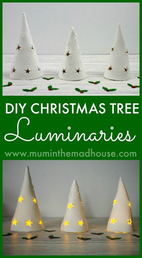 These air drying clay trees are perfect for festive displays. Find out how to make your own DIY Christmas Tree Luminaries. Air Dry Clay Luminaries, Clay Christmas Tree Diy, Clay Xmas Tree, Homemade Clay Christmas Decorations, How To Make Clay Christmas Trees, Diy Clay Christmas Tree, December Diy Crafts, Air Dry Clay Tree, Clay Crafts For Adults