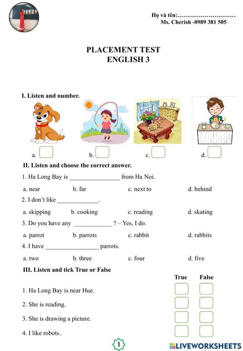 Placement test grade 3 worksheet Test For Kids, Worksheets For Grade 3, Listening Test, Esl Vocabulary, Primary Education, English As A Second Language (esl), English As A Second Language, School Subjects, Grade 3