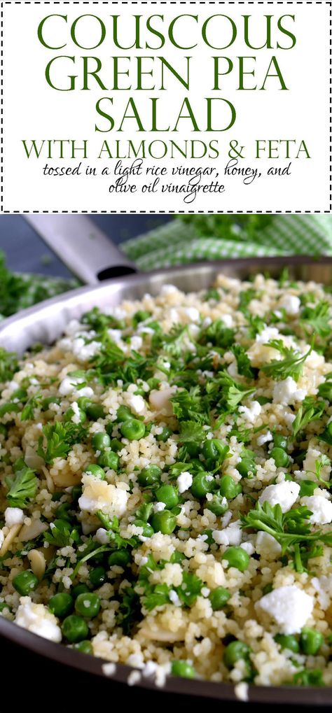 Couscous Green Pea Salad with Almonds and Feta - Lord Byron's Kitchen Cold Rice And Pea Salad, Green Peas Salad Recipe, Fresh Green Peas Recipes, Fresh English Peas Recipe, Coucous Salad Recipes Feta, Pea Feta Salad, Fresh Pea Recipes, Barbeque Beef, Homemade Barbeque Sauce