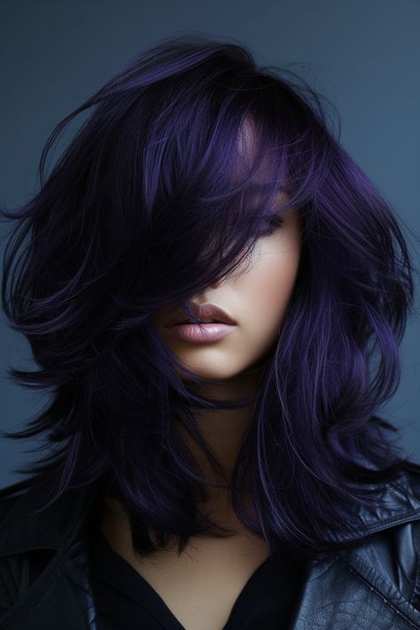 Blue Baylage Hair Dark, Purple Hair Styles, Midnight Purple Hair, Vibrant Purple Hair, Hair With Purple Highlights, Peek A Boo Hair, Black And Purple Hair, Purple Hairstyles, Tiefling Rogue