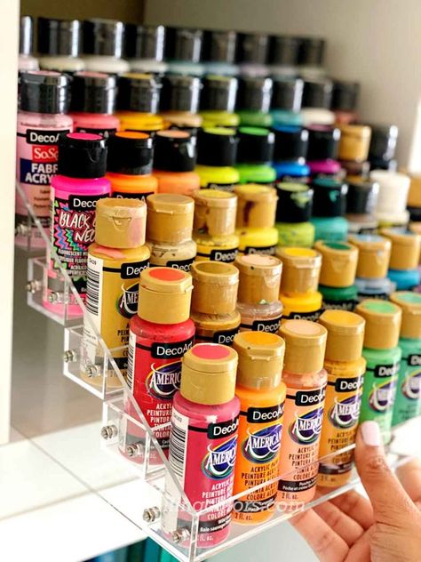 Purple Craft Room, Messy Art Studio, Organize Art Supplies, Acrylic Paint Storage, Recreate Yourself, Bottles Craft, Acrylic Paint Bottles, Craft Paint Storage, Paint Bottles