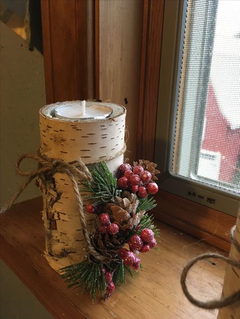 Birch Candles Decor, Birch Tree Christmas Decorations, Birch Wood Crafts Diy Projects, White Birch Christmas Decor, Birch Branch Ideas, Birch Candle Centerpiece, Birch Projects, Pinecones Decor, Birch Decorations