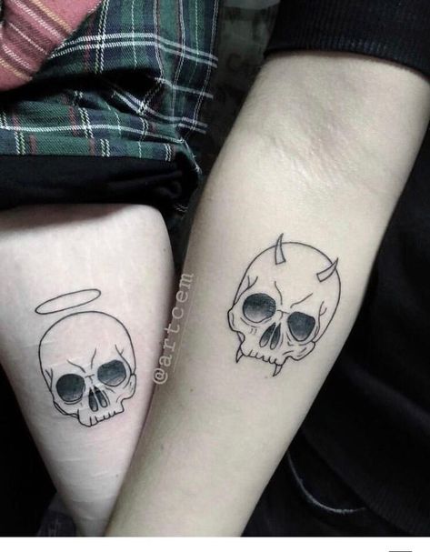 Skull Couple Tattoo, Dr Tattoo, Small Sister Tattoos, Care Bear Tattoos, Cute Matching Tattoos, Small Matching Tattoos, Goth Tattoo, Couples Tattoo Designs, Skeleton Tattoos