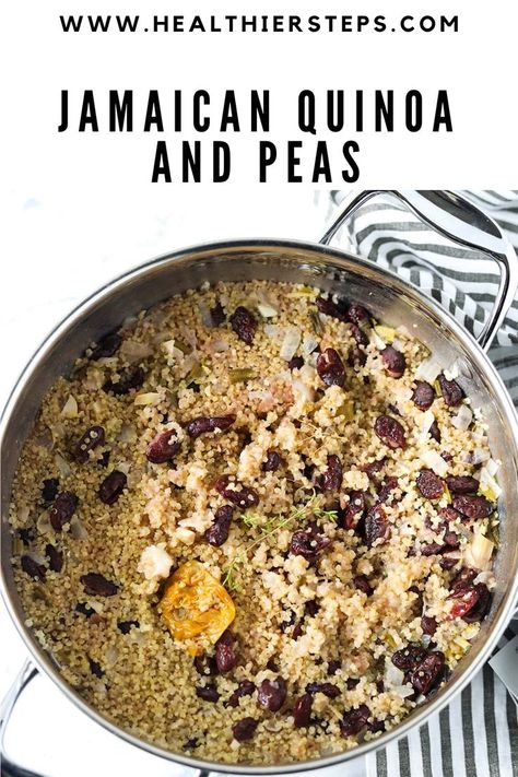 Quinoa And Peas, Jamaican Rice And Peas, Vegetarian Protein Recipes, Jamaican Rice, Lentils Vegan, Jamaican Cuisine, Quinoa Rice, Jamaican Dishes, Peas Recipe