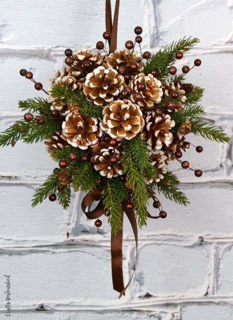 Pine Cone Kissing Ball, Diy Kissing Ball, Cone Crafts, Traditional Wreath, Kissing Ball, Diy Pinecone, Blue Berries, Pine Cone Decorations, Cones Crafts