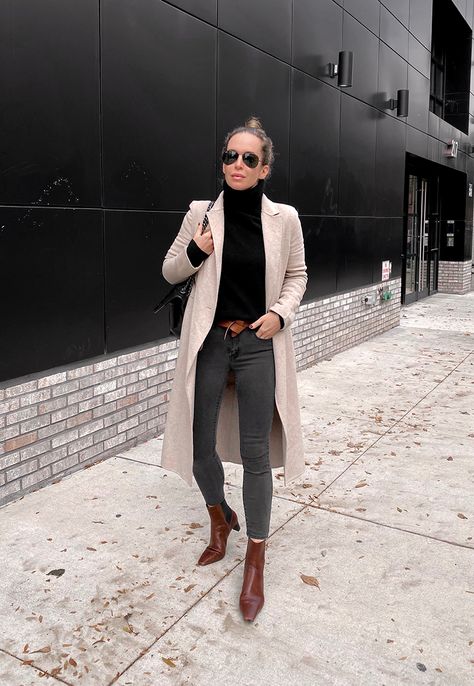 4 Outfits | Isabel Marant Lecce Belt | Brooklyn Blonde Black Turtleneck Outfit, Mango Boots, Brooklyn Blonde, Belt Outfit, Dressy Casual Outfits, Black Jeans Outfit, Beige Coat, Stylish Coat, Classy Casual