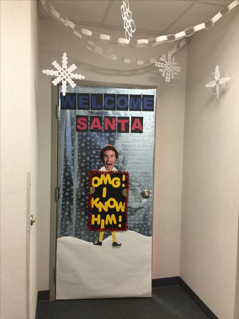 Buddy The Elf Door Decorating Contest, Elf Classroom Door Ideas, Movie Door Decorations Classroom, Elf Cubicle Christmas Decorations, Diy Elf Movie Decorations, Elf Movie Door Decorating Contest, Buddy The Elf Office Decorating Ideas, Elf Door Decorating Contest, Christmas Movie Office Decorations