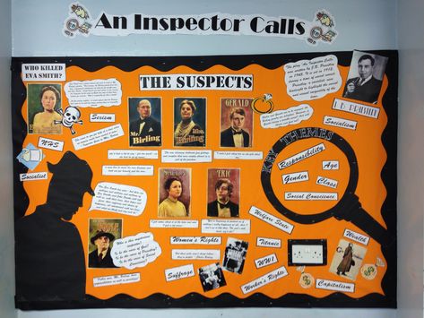 Bulletin board classroom display high school English reading - An inspector calls Secondary School Displays, High School Display Boards, Classroom Displays English Secondary, Secondary School Display Board Ideas, Secondary English Classroom Displays, Macbeth Display Classroom, English Displays Secondary, English Display Boards, An Inspector Calls Classroom Display