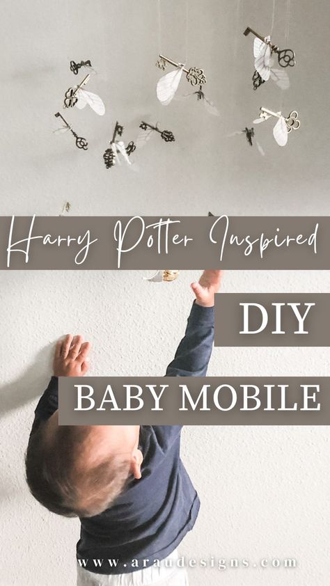 Looking for something magical to put into your little wizard's nursery? Learn how to make this Harry Potter-inspired baby mobile, perfect for that Harry Potter baby nursery! An easy tutorial to add some magic into your little girl or little boy room. Our friends are big Harry Potter, so I made one for their baby shower gift, and it was super easy! Our friend's little boy loves trying to grab the golden snitch and watching all the flying keys spin. Give this tutorial a try. You won't regret it! Harry Potter Baby Room, Harry Potter Baby Girl, Harry Potter Baby Nursery, Little Boy Room, Harry Potter Key, Flying Keys, The Golden Snitch, Harry Potter Nursery, Harry Potter Girl