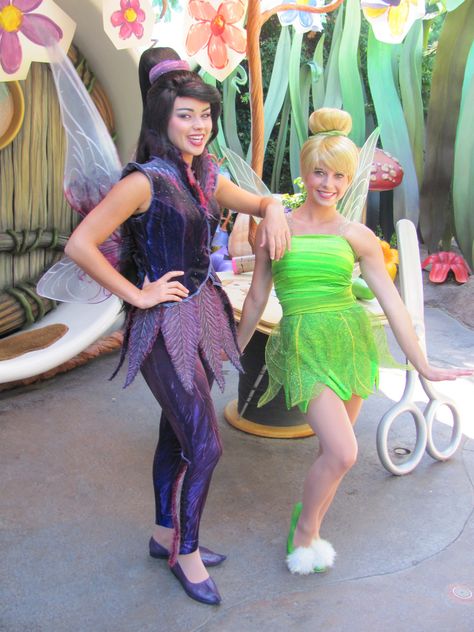 Tinker Bell & Vidia at Disney World.   For everything you need to know to meet Tinker Bell and her friends on your Disney vacation, see: http://www.buildabettermousetrip.com/disney-characters-tinkerbell.php Tinker Bell Vidia, Disfraz Peter Pan, Tinker Bell Cosplay, Fairy Costume Diy, Disney Characters Costumes, Disney World Tips, Disney Outfits Women, Friend Costumes, Tinker Bell Costume