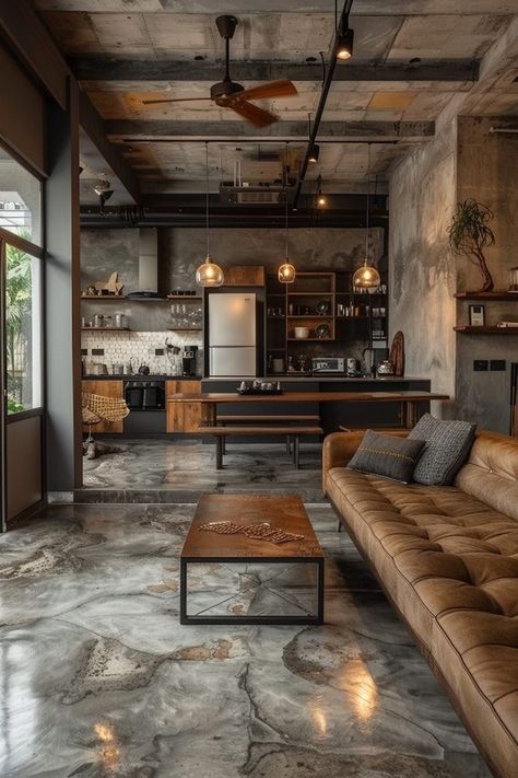 29 Industrial Living Room Ideas 2 Wallpaper Industrial Design, Concrete Floor Design Ideas, Concrete Loft Apartment, Concrete Interior Design Living Room, Warm Industrial Interior, Industrial Modern Decor, Industrial Living Room Ideas, Scandinavian Industrial Interior, Modern Industrial House