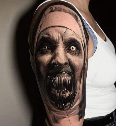 The Nun Valak Tattoo, Valak Tattoo Design, Popular Tattoo Ideas, All Seeing Eye Tattoo, Full Leg Tattoos, Evil Tattoos, The Nun, Scary Tattoos, Bear Tattoos